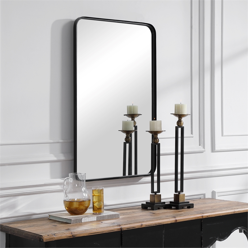 Maklaine Contemporary Iron Metal & MDF Mirror in Satin Black