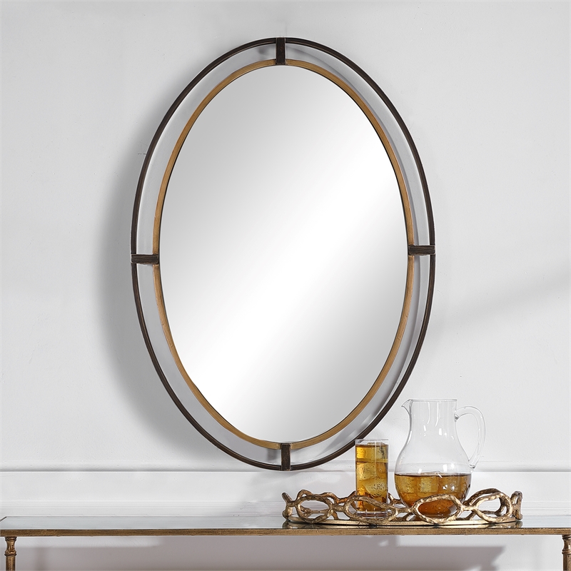 Maklaine Contemporary Iron Metal and MDF Wood Mirror in Bronze