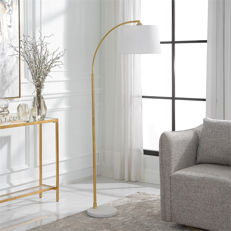 Maklaine 1-Light Coastal Marble and Metal Floor Lamp in White/Gold