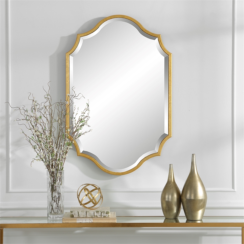 Maklaine Contemporary Wood Mirror with Curves and Arches in Gold