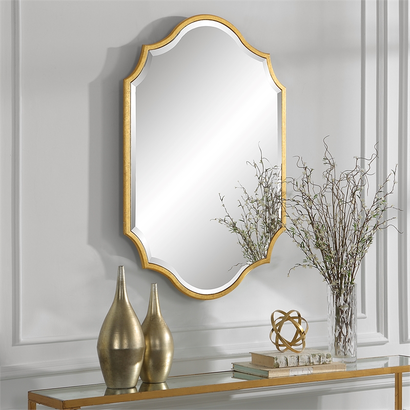 Maklaine Contemporary Wood Mirror with Curves and Arches in Gold