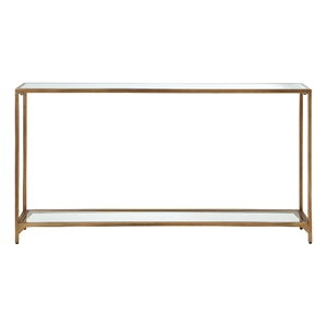 Maklaine Contemporary Metal Console Table with Mirror Top Self in Gold