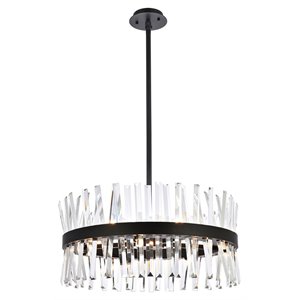 Maklaine Contemporary 25&quot Round Iron and Crystal Pendant Light in Black