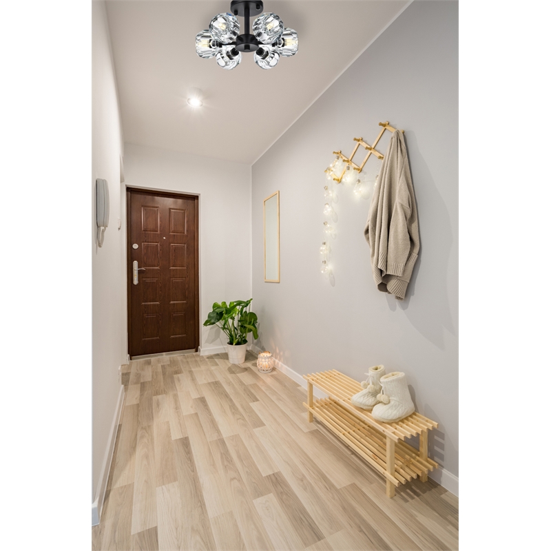 Maklaine Contemporary 6-Light Metal & Crystal Flush Mount in Black/Clear