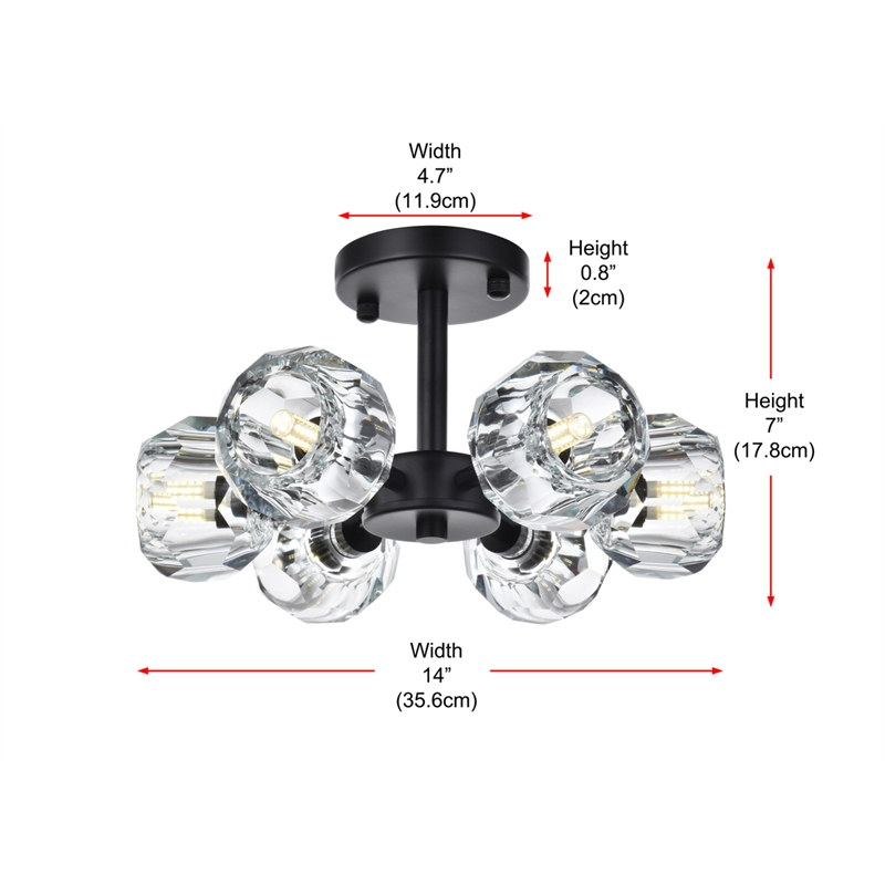 Maklaine Contemporary 6-Light Metal & Crystal Flush Mount in Black/Clear