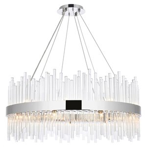 Maklaine 36&quot Round Modern Iron and Crystal Pendant in Chrome