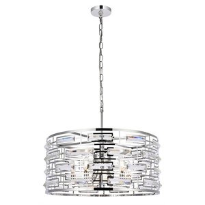 Maklaine 24&quot Contemporary Iron and Crystal Pendant in Chrome