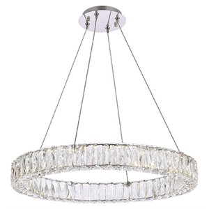 Maklaine 26&quot Round Metal and Crystal LED Single Pendant - Chrome