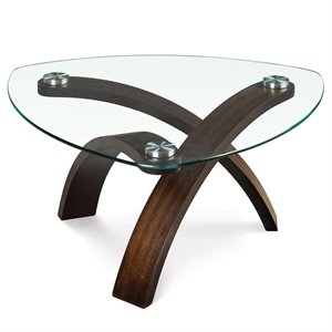 maklaine pie shaped solid wood cocktail table in brown with glass top