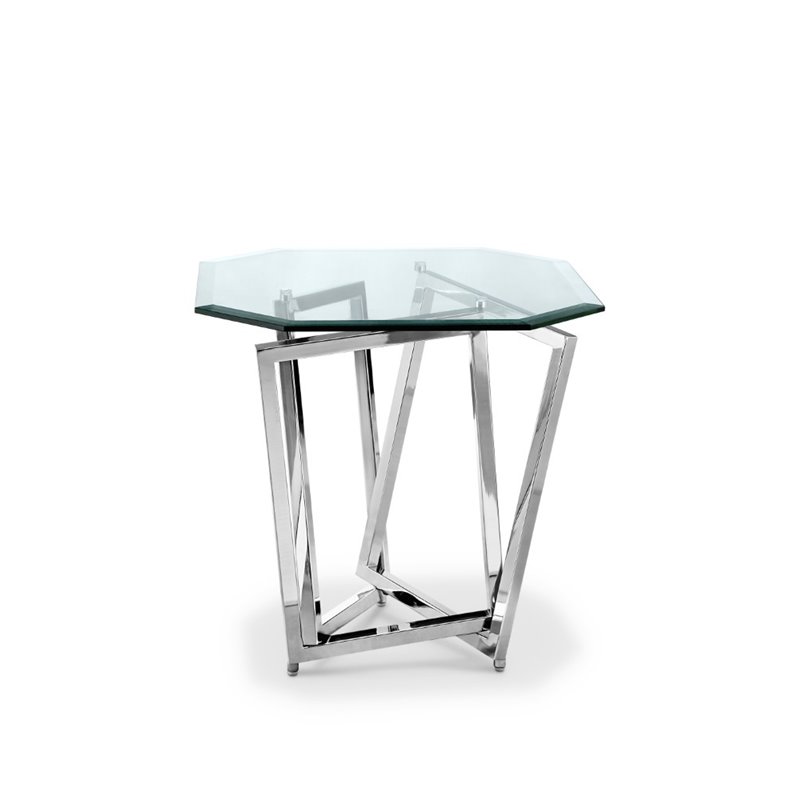 Maklaine Contemporary Octagonal Nickel and Glass End Table in Silver