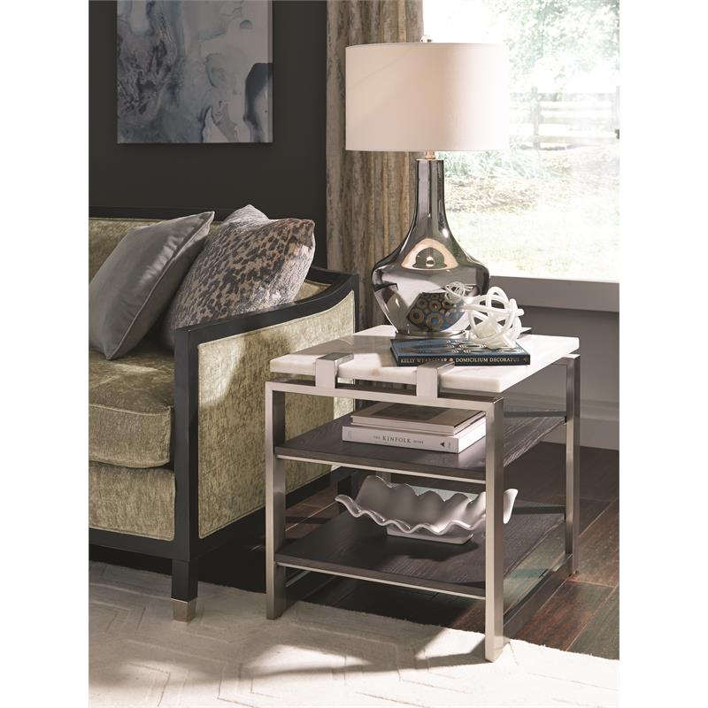Maklaine Contemporary Rectangular Marble Top End Table in White