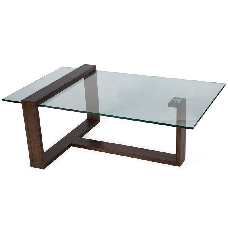 Maklaine Contemporary Rectangular Glass Top Cocktail Table in Brown