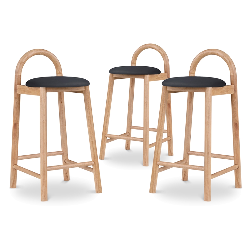 Maklaine Contemporary Black Vegan Leather Solid Wood Frame Stool (Set of 3)