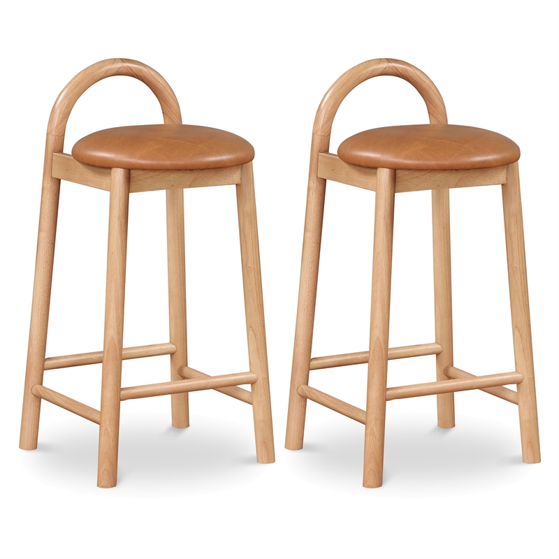 Maklaine Contemporary Cognac Vegan Leather Solid Wood Frame Stool (Set of 2)