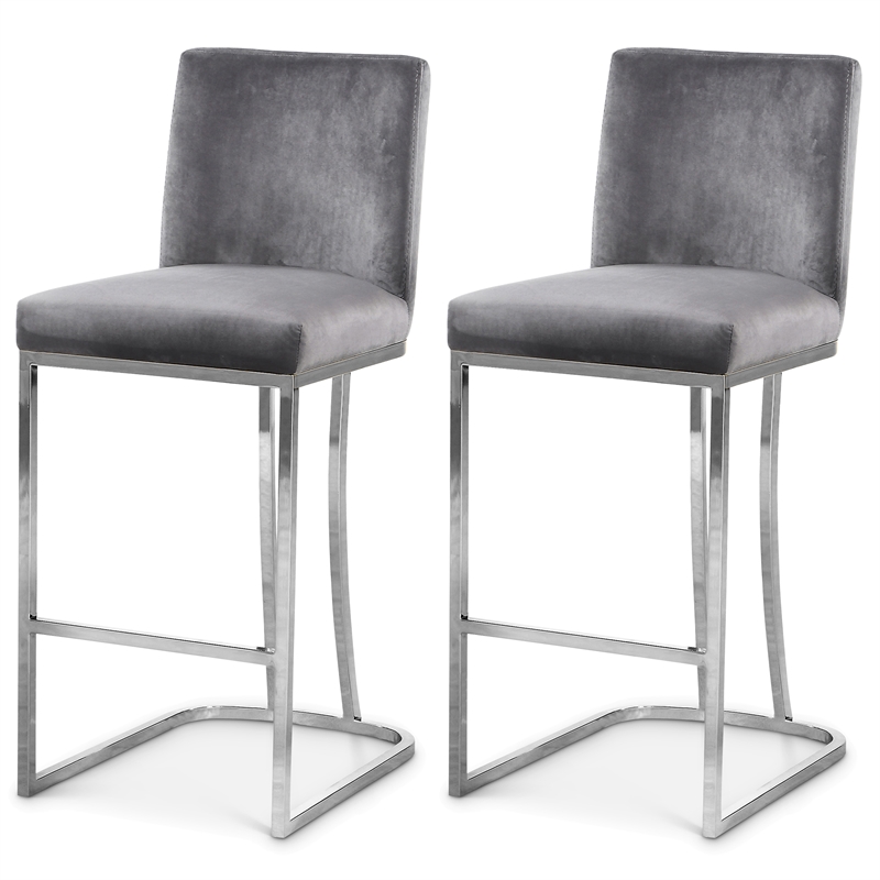 Maklaine Contemporary Grey Velvet Metal Frame Stool (Set of 2)