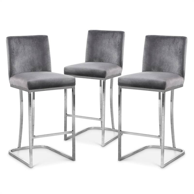 Maklaine Contemporary Grey Velvet Metal Frame Stool (Set of 3)
