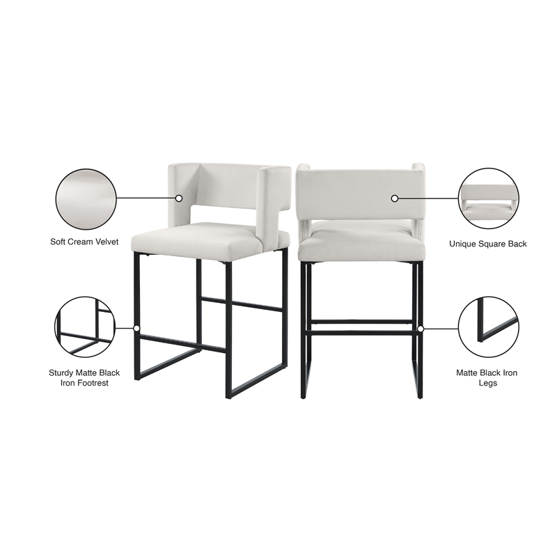 Maklaine Contemporary Cream Velvet Counter Stool with Black Iron Legs (Set of 4)