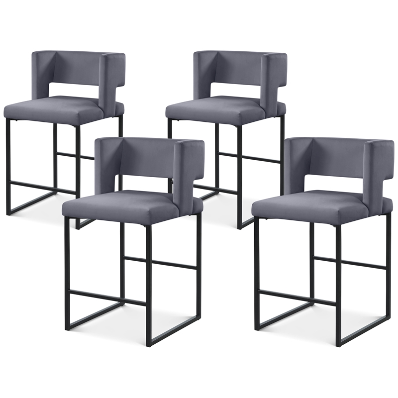 Maklaine Contemporary Grey Velvet Counter Stool with Black Iron Legs (Set of 4)