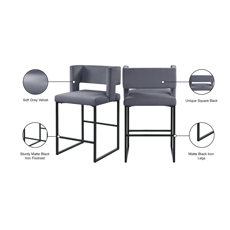 Maklaine Contemporary Grey Velvet Counter Stool with Black Iron Legs (Set of 6)