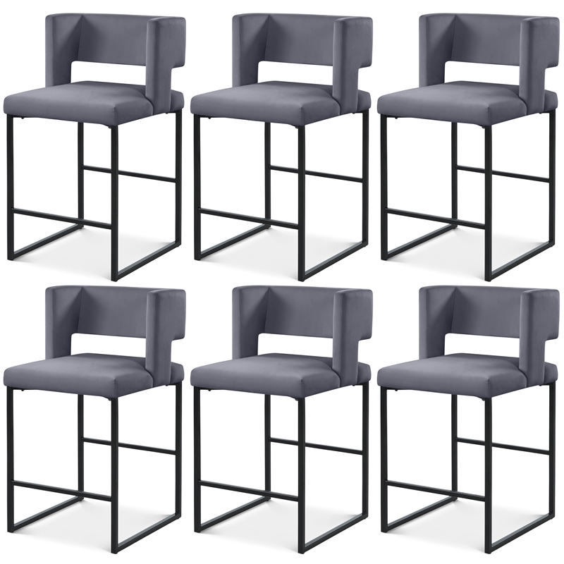 Maklaine Contemporary Grey Velvet Counter Stool with Black Iron Legs (Set of 6)