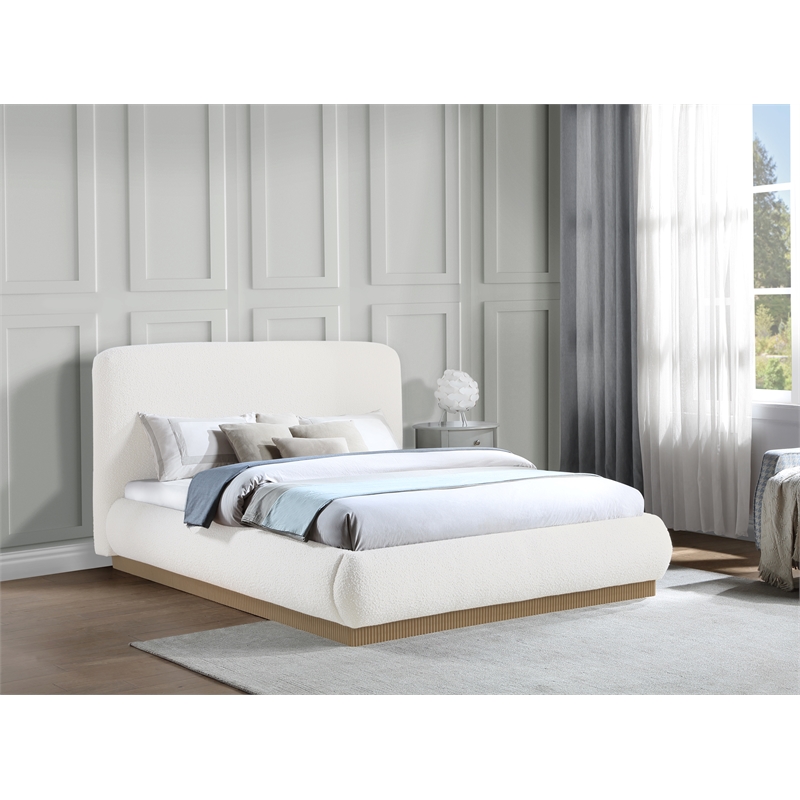Maklaine Contemporary Rich Cream Finish Boucle Fabric Queen Bed