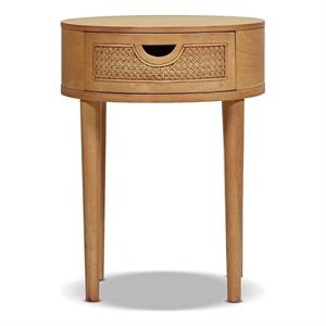 Maklaine 18&quot Round Cane Rattan Storage Side Table Natural Brown Oak Wood