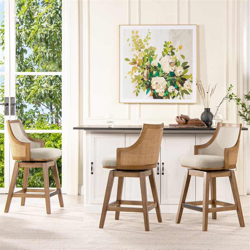 Maklaine Cane Rattan Swivel Counter Stool with Recessed Arms Taupe Beige