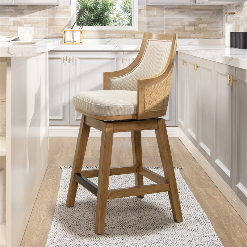 Maklaine Cane Rattan Swivel Counter Stool with Recessed Arms Taupe Beige