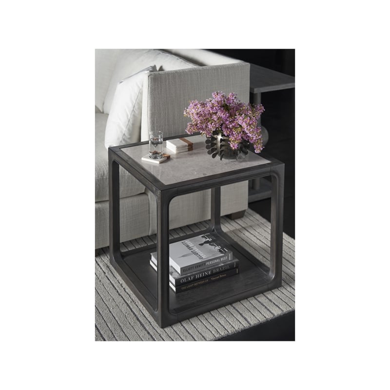 Maklaine Set of 2 Oak Wood End Table with Inset Stone Top in Black