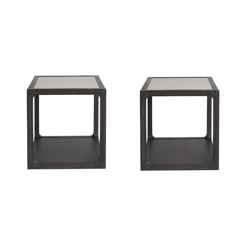 Maklaine Set of 2 Oak Wood End Table with Inset Stone Top in Black
