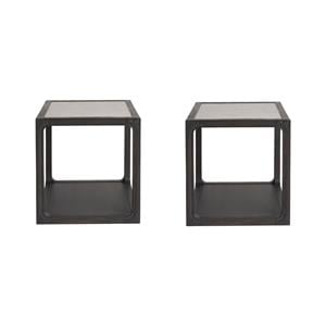Maklaine Set of 2 Oak Wood End Table with Inset Stone Top in Black