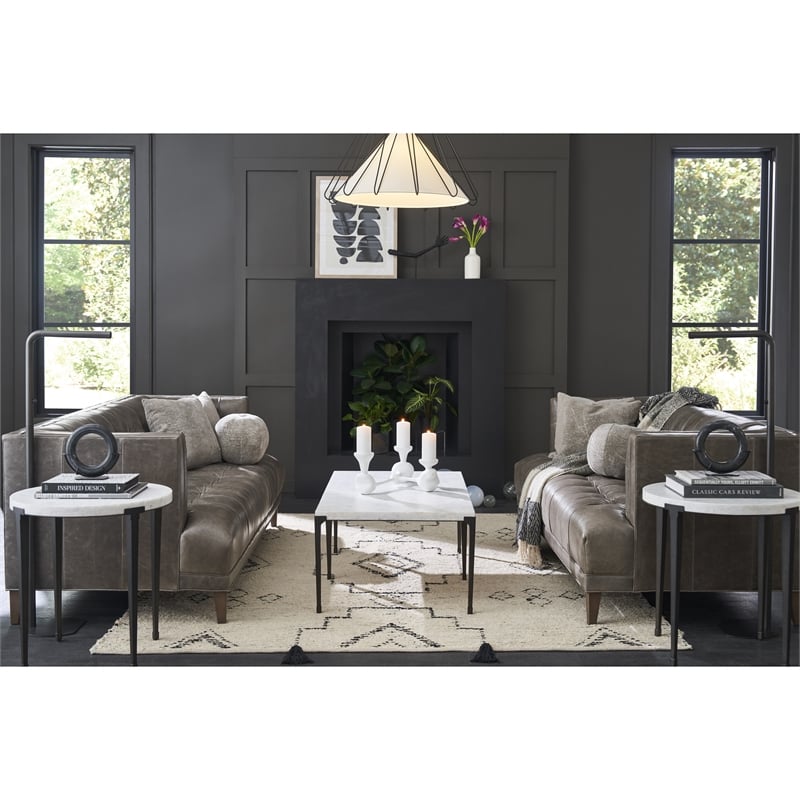 Maklaine Set of 2 End Table in White Stone Top and Black Metal Legs