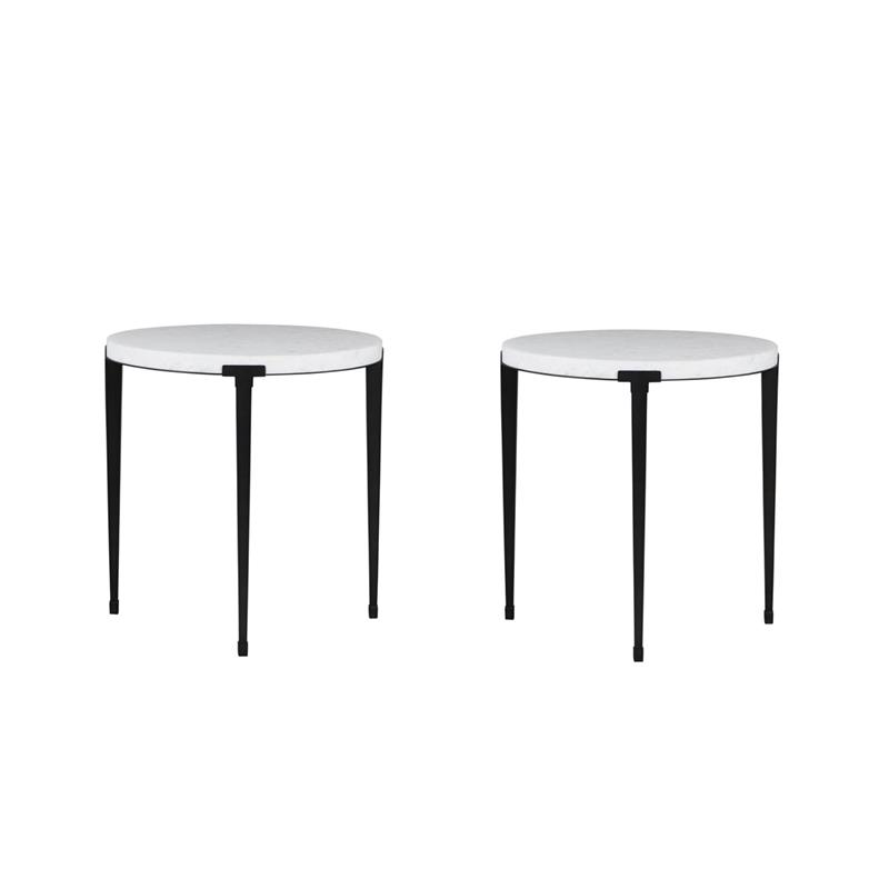 Maklaine Set of 2 End Table in White Stone Top and Black Metal Legs