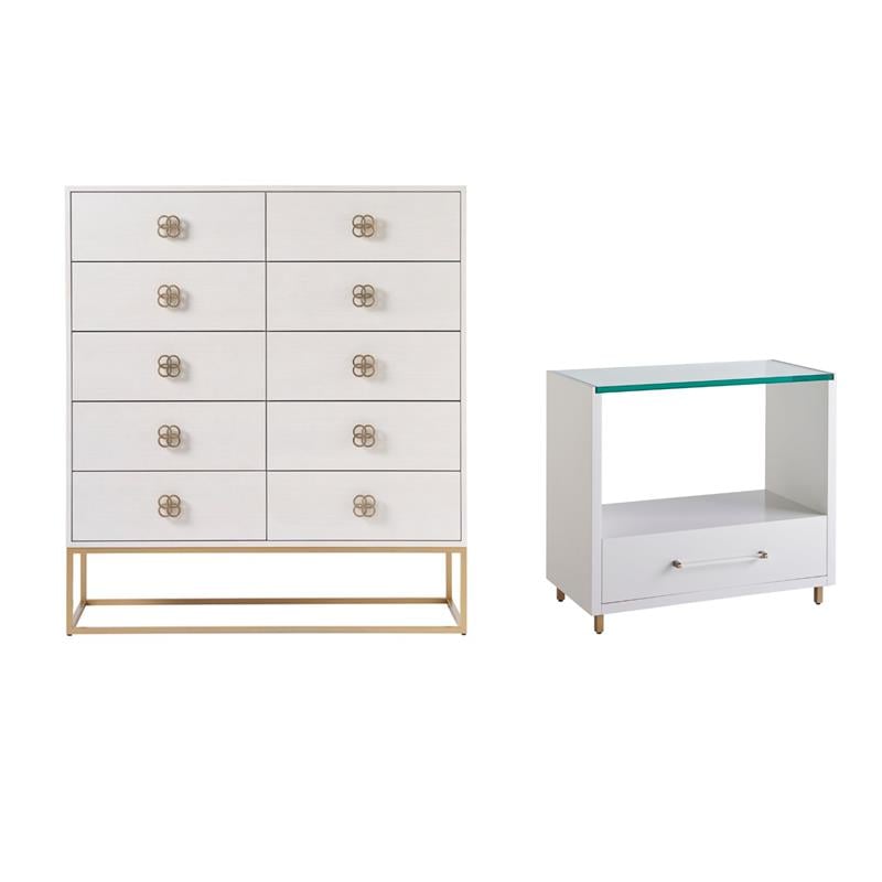 Maklaine Set of 2 Wood Ten Drawers Chest & Nightstand with Glass Top in White