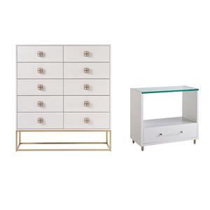 Maklaine Set of 2 Wood Ten Drawers Chest & Nightstand with Glass Top in White