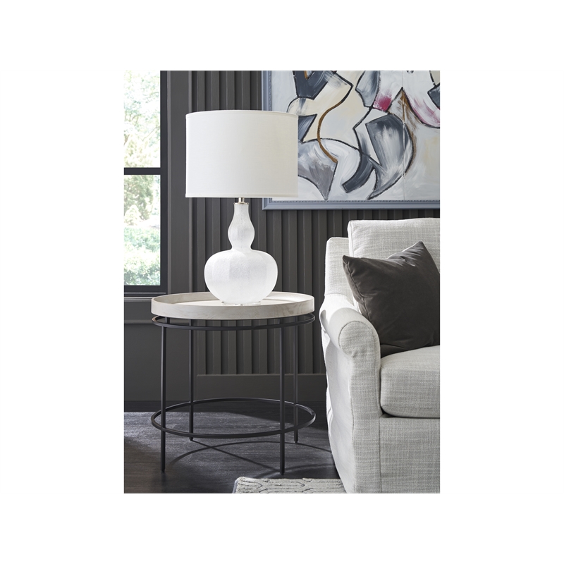 Maklaine Set of 2 Round Accent Table in Gray Oak Wood with Black Metal Base