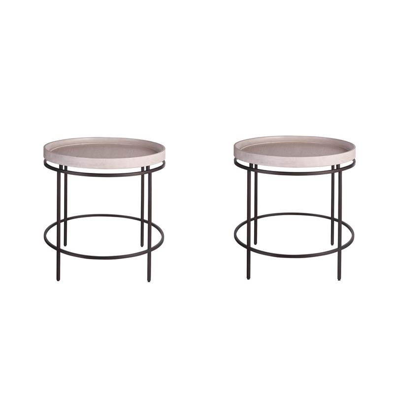 Maklaine Set of 2 Round Accent Table in Gray Oak Wood with Black Metal Base