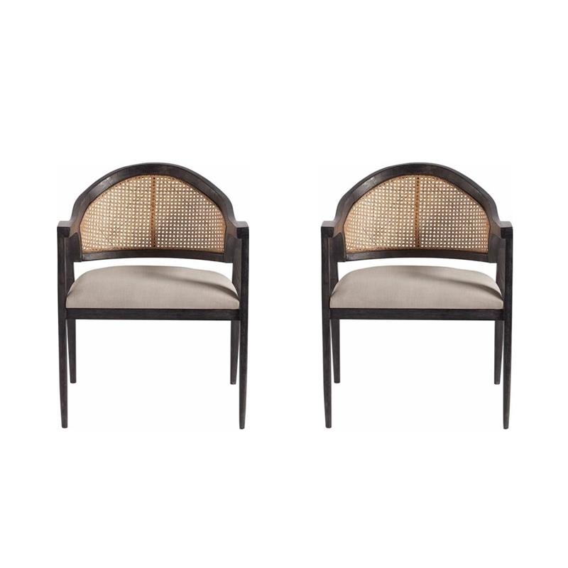 Maklaine Set of 2 Black Wood & Cane Accent Chair in Gray Performance Fabric