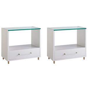 Maklaine Set of 2 Contemporary Wood Nightstand with Glass Top in White