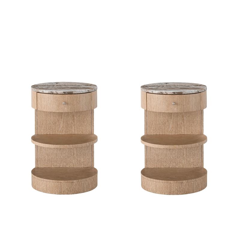 Maklaine Set of 2 Modern Marbel Top Nightstand in Tan Tech Oak