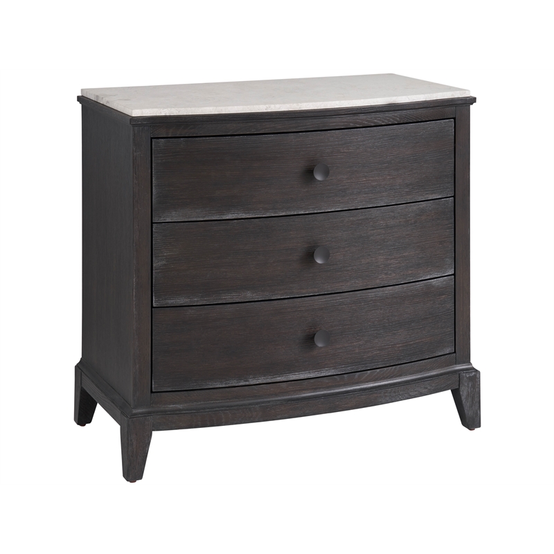 Maklaine Set of 2 Stone Top Three Drawer Nightstand in Black Oak Wood
