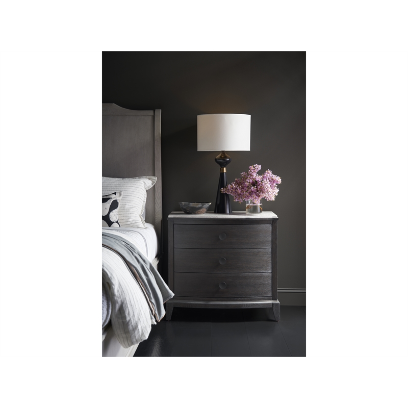 Maklaine Set of 2 Stone Top Three Drawer Nightstand in Black Oak Wood
