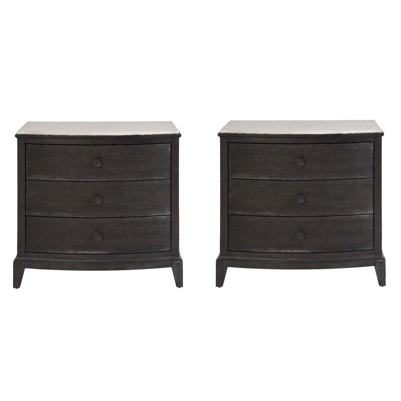Maklaine Set of 2 Stone Top Three Drawer Nightstand in Black Oak Wood