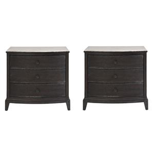Maklaine Set of 2 Stone Top Three Drawer Nightstand in Black Oak Wood
