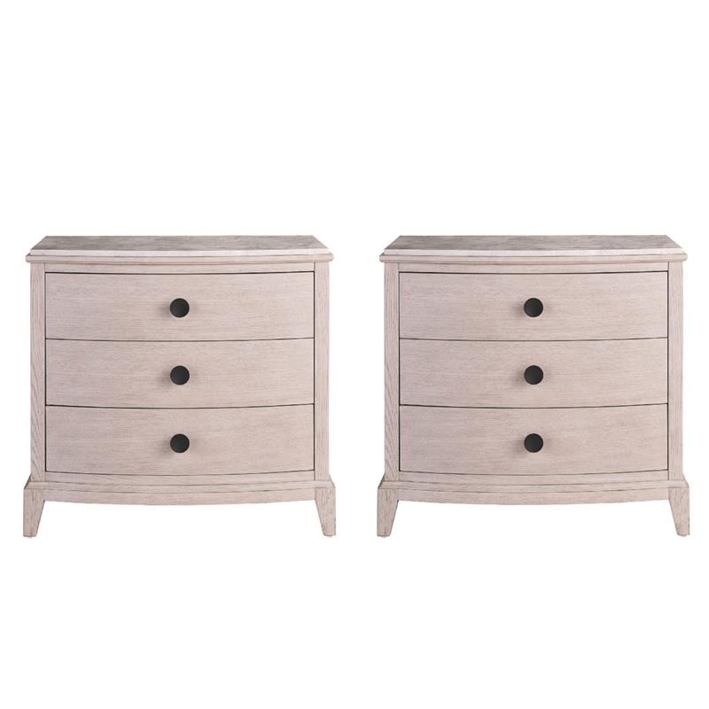 Maklaine Set of 2 Stone Top Three Drawer Nightstand in Gray Oak Wood