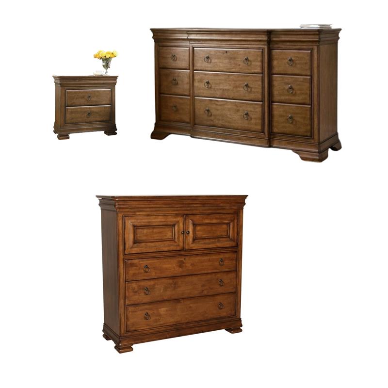 Maklaine Set of 3 Nightstand & Drawer Dresser & Dressing Chest in Cognac