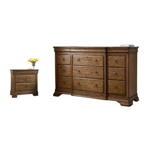 Maklaine Set of 2 Contemporary Nightstand & Drawer Dresser in Cognac