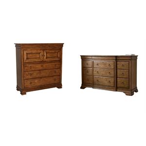 Maklaine Set of 2 Contemporary Drawer Dresser & Dressing Chest in Cognac