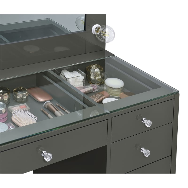 Maklaine 7-Drawer Engineered Wood Vanity Set in Gray High Gloss