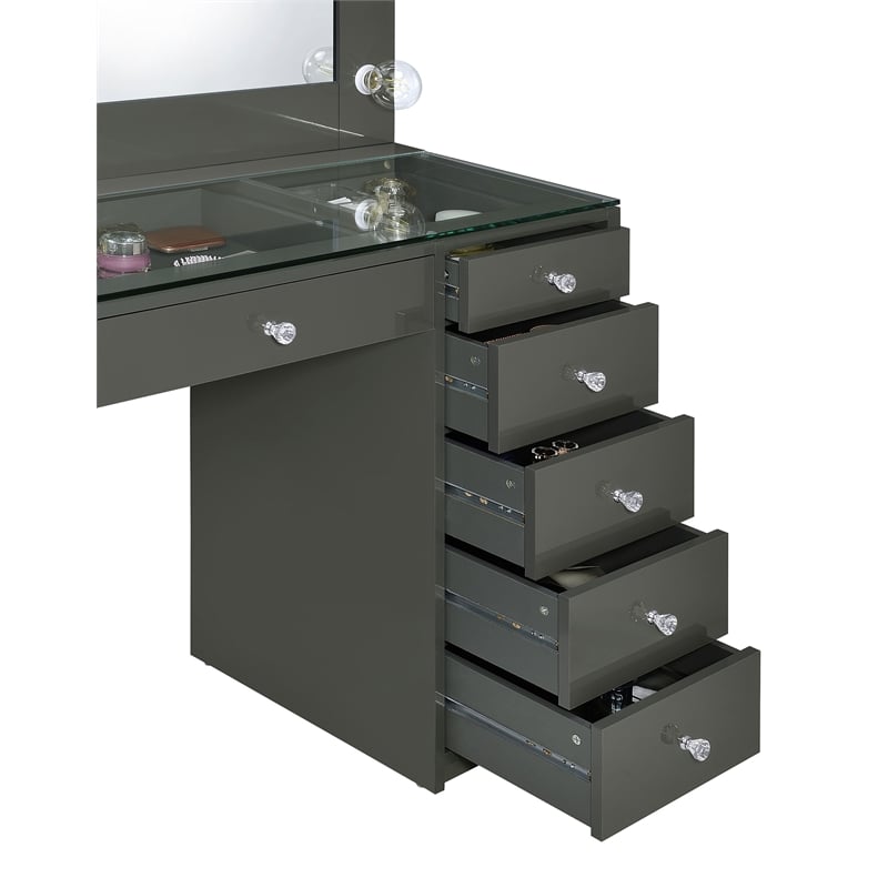 Maklaine 7-Drawer Engineered Wood Vanity Set in Gray High Gloss